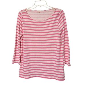 J. Crew Pink and White Striped 3/4 Sleeve Cotton Tee Top Women's Size Medium